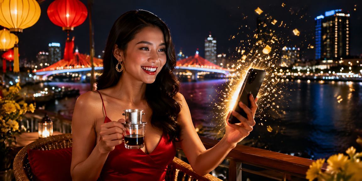 Người chơi tại Đà Nẵng theo dõi Jackpot trên điện thoại bên ly cà phê